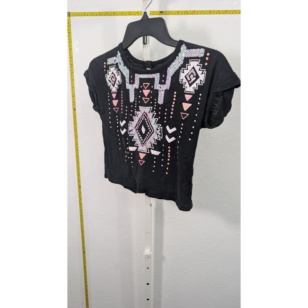Justice Girls Black Sequin Southwestern Graphic Crop Top T-Shirt Size 10 Cap Slv